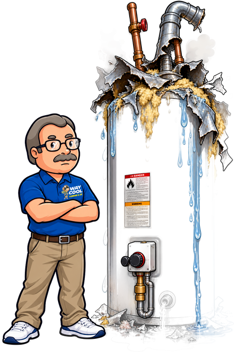 Way Cool plumber standing next to a burst, leaking water heater